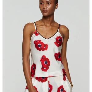 Nwt Serena Bute Lace Trim Cami Tank Top White Red Poppy Size 12 Silk Viscose